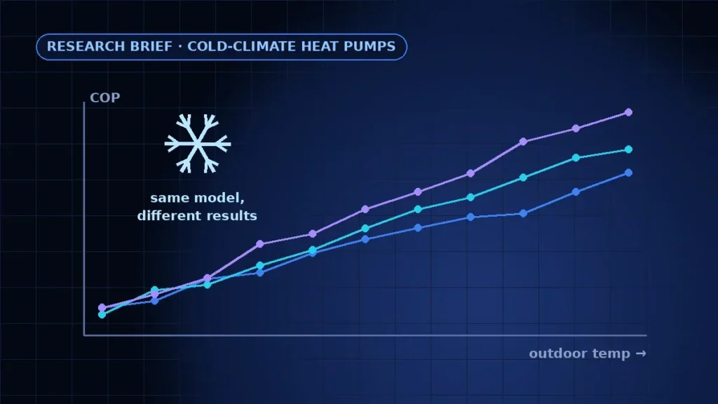 Chart of heat pump efficiency versus outdoor temperature for three units of the same model showing different field results