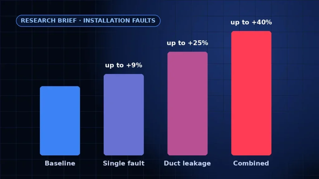 Chart showing HVAC energy use rising with installation faults: up to 9% for a single fault, up to 25% for duct leakage, up to 40% for combined faults